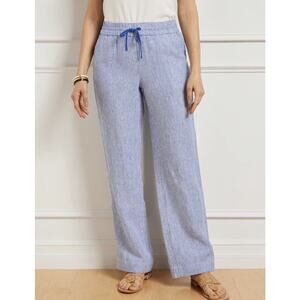 NWT $109 Talbots Sz P Washed 100% Linen Wide Leg Pants blue white Billy stripe